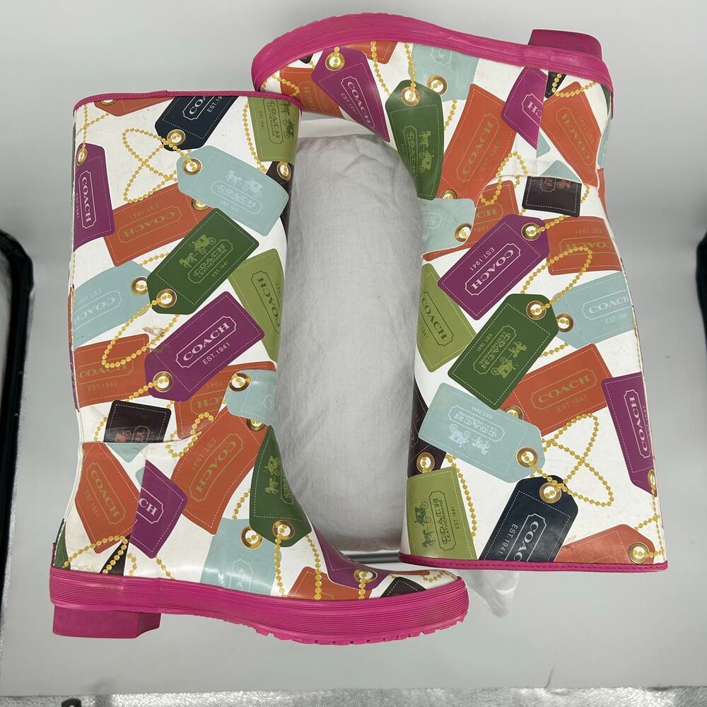 Women's Pink Multicolor COACH F2460 Pammie Hang Tags Rubber Rain Boots 8B - Picture 6 of 9